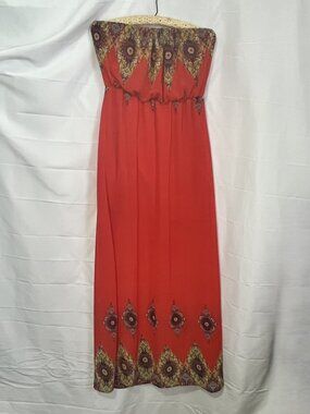 Love Tree Red Orange Maxi Dress S Strapless Short Liner Semi Sheer Gypsy Hippie